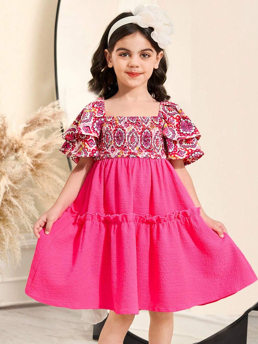 SHEIN Leap Crew Young Girl Pink Ditsy Floral Patchwork Textured Ruffle Trim Square Collar A-Line Dress,Summer Birthday Holiday Ramandan Style Matching Family Vacation - Hot Pink - View 1