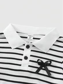 SHEIN 2pcs/Set Young Girl Stripe Bow Decor Polo Collar Short Sleeve Top And Flared Pants Set