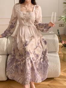 DAZY 女士碎花方领灯笼袖中长款度假连衣裙，秋季长袖连衣裙，复活节 - 紫色 - 查看 4