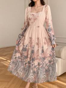 DAZY 女士全花卉泡泡袖方领中长连衣裙，秋季连衣裙长袖连衣裙