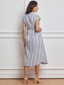 MaterniWear Maternity Casual Striped Front Button Dress - Blue - View 2