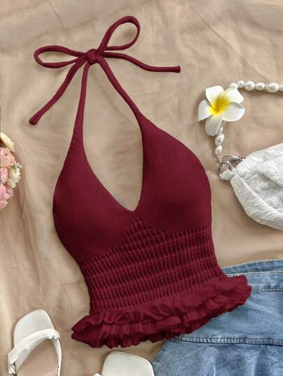 Soleia 休闲纯色荷叶边饰挂脖针织上衣