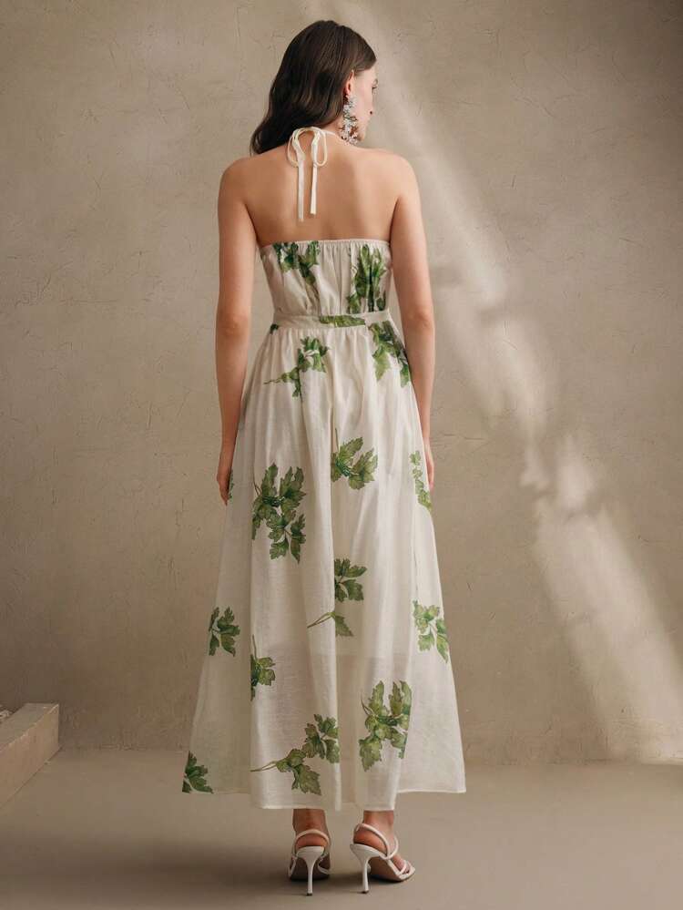 Floral Jacquard Print V-Neck Waist Cinched Summer Dress For Women, Elegant Vacation Outfit For Festival, Beach, Spring/Summer
