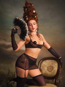 PinupPomp 5 Stücke/Set Damen Sexy Lingerie Set beinhaltet BH, Handschuhe, Rock, String, Strümpfe