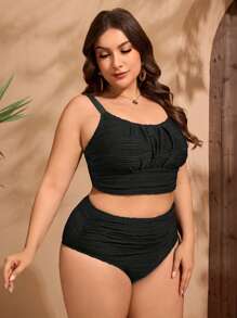 SHEIN Swim Curve Plus Size Women 2pcs Adjustable Strap Black Casual Resort Pool Beach Backless Tankini Set, For Summer Vacation - Black - View 3