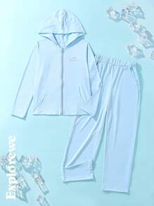 SHEIN 青少年女孩 2 件套：休闲纯色连帽衫和裤子 - 藍色 - 查看 5