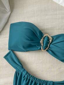 Swim Chiccia Springbreak Women Solid Bandeau Metal Decor And Thong Bikini Swimwear Set, Sexy Summer Beachwear