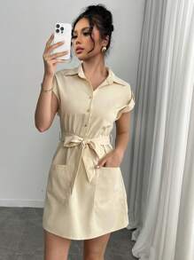 Chiquease Women's Solid Color Short Sleeve Single-Breasted Pocket Casual Shirt Dress