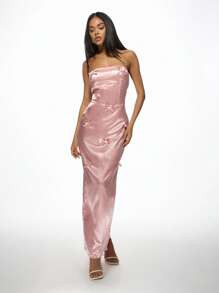 MISSGUIDED Satin Bow Detail Bandeau Maxi Dress Evening Gown Prom Special Occasion Formal Wedding Guest Floor Length Elegant Fitted Corset Style - Pink - View 3