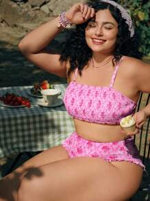 Swim Mod Plus Size Women 2pcs Random Floral Print Swimwear With Removable Straps And Ruffle Hem Bikini Set, Cute Beach Summer Vacation Outfit - Pink - View 1