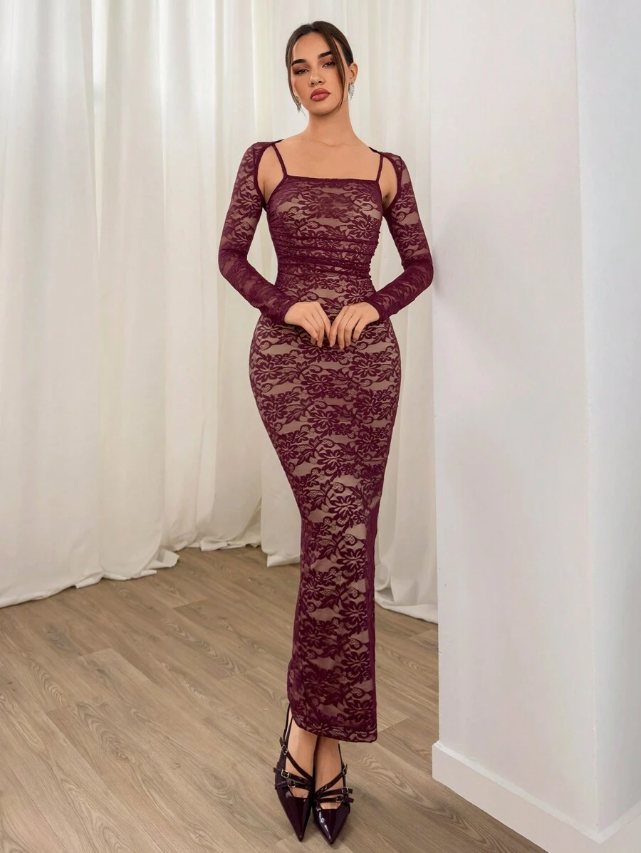 Aloruh Damen sexy elegantes Bodycon-Kleid mit Spitze, quadratischem Ausschnitt und Langarm in Weinrot, elegantes romantisches Kleid, Geburtstagskleider für Damen, elegante Damenkleider - Bordeaux - Übersicht 1
