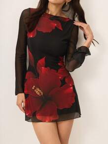Poéselle Women Long Sleeve Floral Print Slim Fit Short Dress,Sexy Sheer Sleeve Floral Dress - A Must-Have For Summer Parties, Old Money Aesthetic