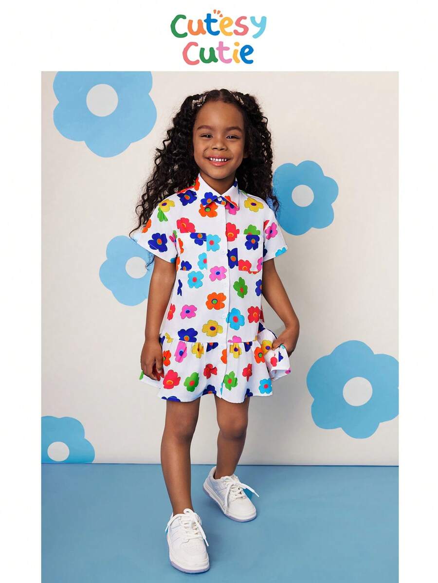 SHEIN CutesyCutie Young Girl Woven Ditsy Floral Overlay Casual Shirt Dress - Multicolor - View 1