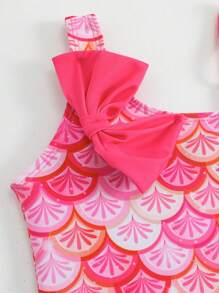 Young Girl Asymmetric Neck One-Piece Swimsuit With Printed Ribbon Decorative Details, Paired With Mermaid Skirt, Beach Vacation - Hot Pink - View 7