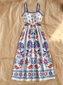 Soleia Mid-Length V-Neck Backless Tie-Front Print Vacation Dress - Multicolor - View 6