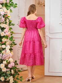 Vintage Sweet Square Neck Puff Sleeve Casual Snug Fit Mini Dress For Teenage Girls, Spring/Summer - Hot Pink - View 2