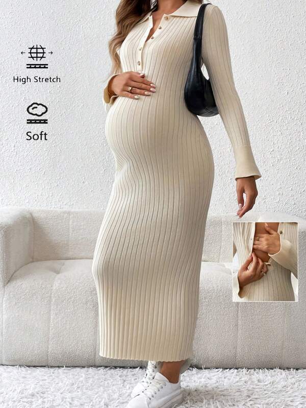 SHEIN Turndown Collar Button Front Long Sleeve Simple Knit Sweater, Casual Everyday, For Maternity, For Winter