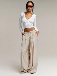 Athîral Women's Mocha Pleated Wide Leg Loose Casual Pants Commuting - Khaki - View 5