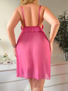 SHEIN Plus Size Lace Patchwork Minimalist Lounge Robe Set, Casual Everyday Wear - Hot Pink - View 6