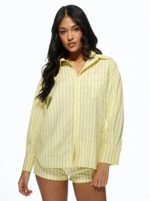 MISSGUIDED Conjunto de pijama de dos piezas estilo de rayas con camisa de manga larga con botones a juego y pantalones cortos, ropa de estar en casa de verano informal y ligera para uso en resort