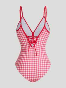 Sweetra Bộ đồ bơi liền thân kẻ caro phong cách cổ điển & váy che cho nữ, đồ bơi một mảnh đi nghỉ, đi biển mùa hè - Đỏ - Xem 3