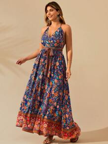 Breezaya Plus Size Women Floral Print Vintage Halter Neck Dress, Vacation Style - Multicolor - View 3