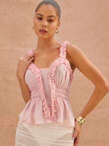 L'Amorae Elegant Spring Summer Vacation Ruffle Detail Pasted Pink Color Sleeveless Sheer Smocked Chiffon Top, Summer For Women - Pink - View 1