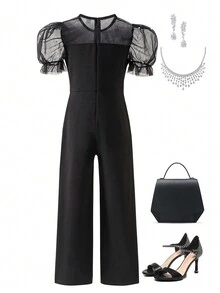 青春期前女孩优雅派对舞会礼服仿珍珠和网眼拼布连身裤