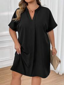 SHEIN CURVE+ Plus Size Spring And Summer Split Neckline Black Elegant Short Sleeved Black Dress With Hollowed Out Details - Black - View 9