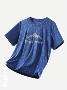 SHEIN Tween-Jungen 2-teiliges Set mit kurzärmligem Oberteil und Shorts mit Berg- und Buchstaben-Print - Blau - Übersicht 3