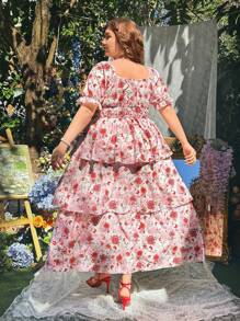 Lyrianda 大码波西米亚风方领松紧腰泡泡袖三层荷叶边下摆休闲连衣裙，适合夏季 - 彩色 - 查看 2