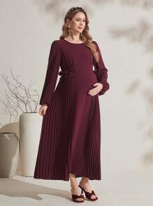 SHEIN Maternity Casual Solid Red Long Sleeve Dress With Lantern Sleeves And Ruffle Hem, Modest Style - Burgundy - View 1