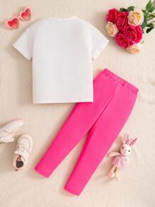 Set de 2 piezas: Camiseta de cuello redondo con patrón de gato lindo y pantalones ajustados para niñas jóvenes