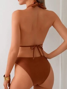 Swim SXY Ladies' Backless Pleated Knot Wireless Halter Neck One-Piece Swimsuit, Solid Color, Sexy Vacation Beach