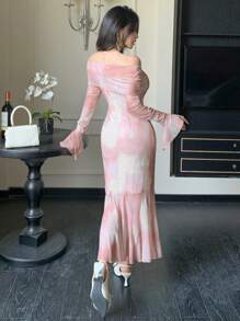 DAZY 女士花卉印花喇叭袖鱼尾中长连衣裙优雅、荷叶边、秋季连衣裙长袖连衣裙 - 粉色 - 查看 2