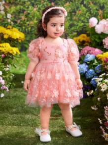 Fern Glow  Babygirl Lovely & Elegant Pink Floral Mesh Summer Dress - Pink - View 7