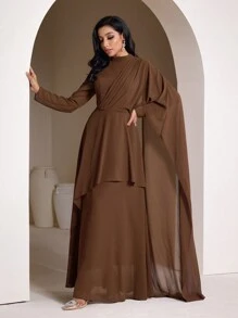 Veilorie Women's Solid Color Long Sleeve Ruffle Trim Pleated Elegant Dress Modest - Coffee - View 5