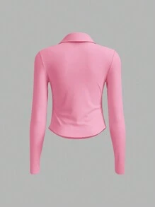 SHEIN BASICS Casual Solid Color Knitted Lapel Partial Button Down Long Sleeve Ruched Side Women Top - Pink - View 7
