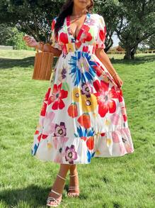 Breezaya Vestido de vacaciones con mangas abullonadas, cintura fruncida y estampado floral colorido en tallas grandes para mujer, primavera/verano