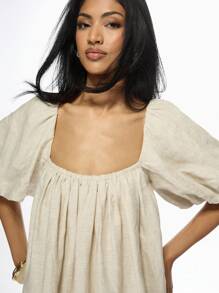 MISSGUIDED 极端音量泡芙袖挤奶女工工作服马克西连衣裙亚麻混合夏季海滩度假村波西米亚婚礼客人草原风格声明连衣裙 - 杏色 - 查看 5
