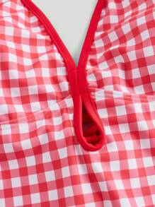 Sweetra Bộ đồ bơi liền thân kẻ caro phong cách cổ điển & váy che cho nữ, đồ bơi một mảnh đi nghỉ, đi biển mùa hè - Đỏ - Xem 8