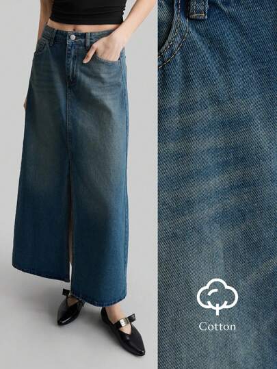 Ontre 女式 2025 新款纽扣前口袋开衩休闲牛仔 A 字裙，女士牛仔服装，春夏