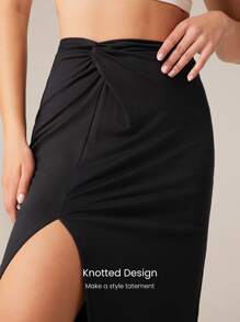 GLOWMODE Modal Soft Comfy Side Slit Front Knot Skirt Daily Casual Wear - Black - View 3