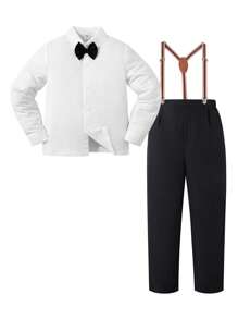 SHEIN 青少年男孩绅士装 2 件套：纯色衬衫和纯色裤子，配有领结和吊带，时尚适合生日派对、晚会、婚礼、洗礼、一岁生日 - 黑色 - 查看 1
