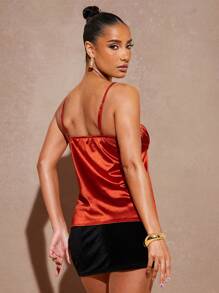 Hauture Dames lente/zomer oranje satijnen glanzende voorkant strik ruches camisole tanktop