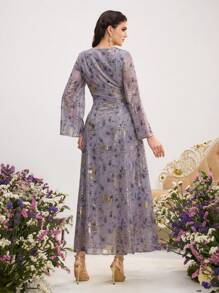 Al Najma Women Elegant Arabic Style Long Sleeve Gold Foil Pattern Patchwork Dress, Arabian Dresses