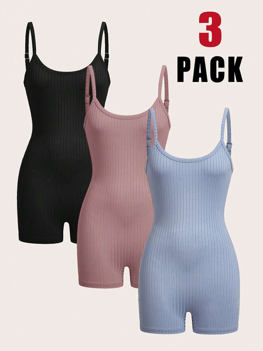 SHEIN EZwear 3pcs/Set Women Solid Ribbed Camisole Romper Unitard - Multicolor - View 1