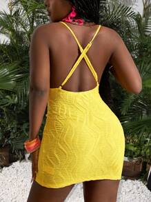 Slaydiva New Spring And Summer Leisure Vacation U-Neck Back Cross Spaghetti Straps Backless Slim Mini Skirt Yellow Wavy Texture Fabric Women's Mini Dress - Yellow - View 2