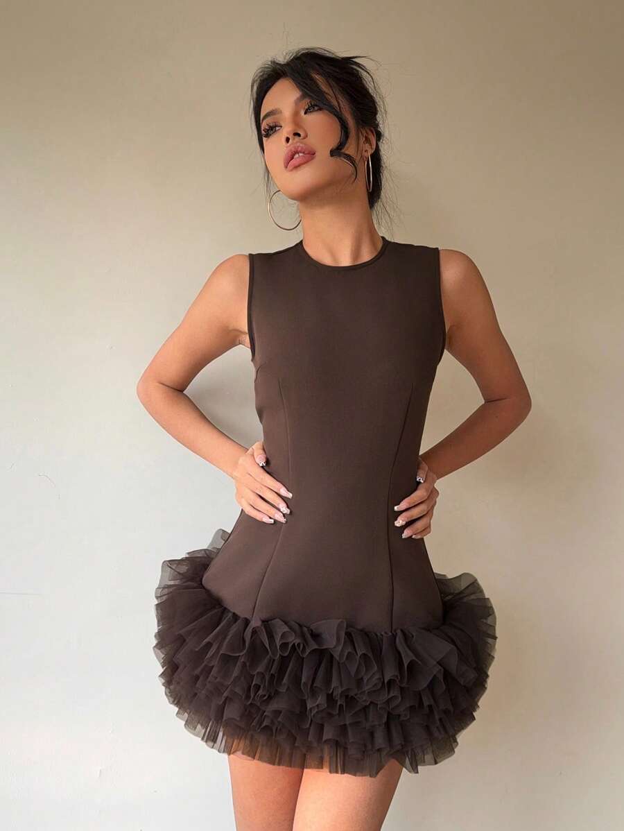 Aloruh 咖啡色荷叶边网眼下摆无袖迷你连衣裙，时尚女装 - 咖啡棕 - 查看 1