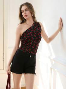 SHEIN EZwear Women's Cherry Print Patchwork Sleeveless Bodysuit - Multicolor - View 3